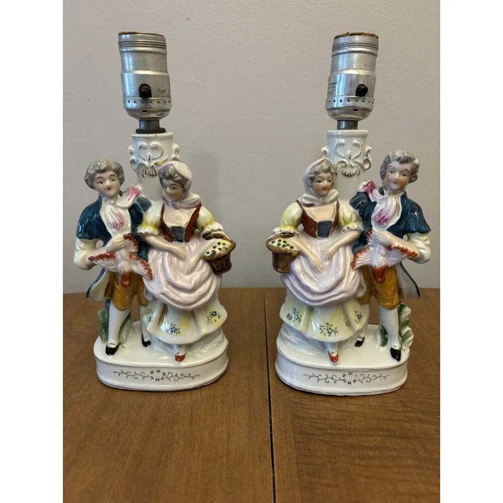 Two (2) Vintage Occupied Japan Colonial Table Lamp Man And Woman HandPainted